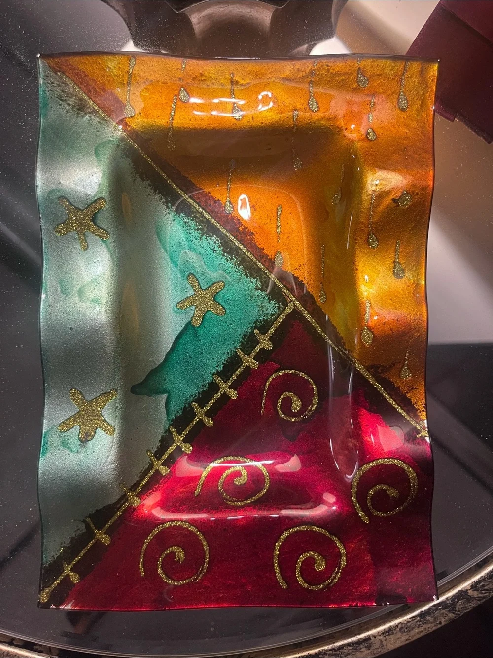 Handmade Fused Glass Decorative Dish in Teal, Orange & Red